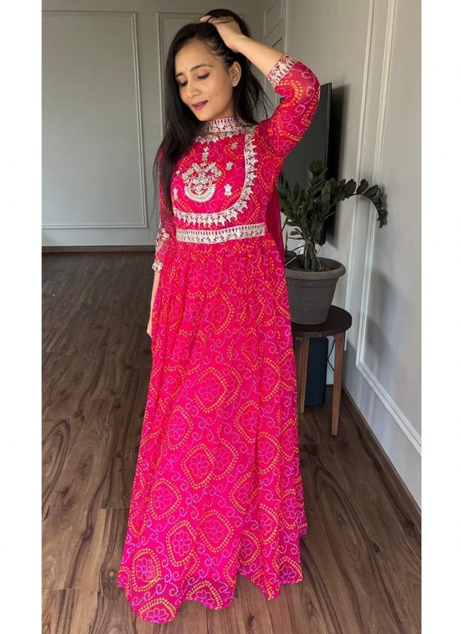 Bandhej  Pink Party Wear Embroidery Work Readymade Gown